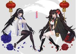 Rule 34 | 2girls, :d, absurdres, artist request, between breasts, black hair, black legwear, boots, breasts, brown hair, cape, commentary request, covered erect nipples, fingerless gloves, flower, girls&#039; frontline, gloves, grey background, hair ribbon, hairband, high heel boots, high heels, highres, knee boots, korean commentary, lantern, large breasts, long hair, looking at viewer, medium breasts, multiple girls, necktie, necktie between breasts, one eye closed, open mouth, pantyhose, ribbon, rose, sitting, smile, thighhighs, twintails, twitter username, type 95 (girls&#039; frontline), type 97 (girls&#039; frontline), very long hair, white gloves, white legwear, yellow eyes, zettai ryouiki
