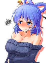 Rule 34 | 1girl, bare shoulders, blue eyes, blue hair, blue sweater, blush, breasts, cleavage, closed mouth, drill hair, hair ornament, hair rings, hairpin, highres, kaku seiga, large breasts, long hair, looking away, looking to the side, nose blush, off-shoulder, off-shoulder sweater, off shoulder, oshiaki, side drill, simple background, solo, squiggle, sweat, sweater, touhou, twin drills, upper body, white background