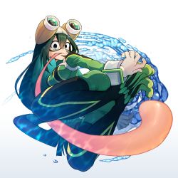 Rule 34 | 1girl, :&gt;, abiko yuuji, ass, asui tsuyu, black eyes, black hair, blush, bodysuit, boku no hero academia, breasts, commentary request, frog girl, from below, full body, gloves, goggles, goggles on head, gradient background, green hair, grey background, hair between eyes, hair rings, highres, legs up, long hair, long tongue, looking at viewer, low-tied long hair, medium breasts, solo, toes, tongue, tongue out, water, white background