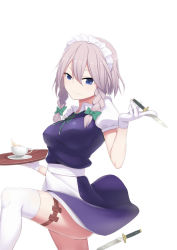 Rule 34 | 1girl, apron, ass, between fingers, blue dress, blue eyes, bow, braid, breasts, chinese commentary, commentary request, covered erect nipples, cowboy shot, cup, dress, gloves, green bow, green ribbon, hair between eyes, hair bow, hand up, holding, holding knife, holding tray, holding weapon, holster, izayoi sakuya, knee up, knife, lan long (lazy dragon), large breasts, looking at viewer, maid, maid apron, maid headdress, neck ribbon, petticoat, puffy short sleeves, puffy sleeves, ribbon, saucer, short hair, short sleeves, silver hair, simple background, smile, solo, standing, standing on one leg, teacup, thigh holster, thighhighs, thighs, touhou, tray, twin braids, waist apron, weapon, white apron, white background, white gloves, white thighhighs, wing collar