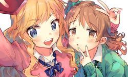 Rule 34 | 2girls, :d, alternate hairstyle, arm up, blonde hair, blue eyes, blush, bow, bowtie, brown eyes, cardigan, cellphone, collared shirt, commentary, earrings, green cardigan, green nails, gyaru, hair ornament, hair scrunchie, highres, idolmaster, idolmaster cinderella girls, idolmaster cinderella girls starlight stage, jewelry, lips, long hair, looking at viewer, morikubo nono, multiple girls, nail polish, ohtsuki yui, open mouth, phone, pink cardigan, pink nails, reaching, reaching towards viewer, school uniform, scrunchie, selfie, shirt, side ponytail, simple background, smartphone, smartphone case, smile, striped bow, striped bowtie, striped clothes, striped neckwear, stud earrings, v, wavy hair, white background, white shirt, wing collar, zuho (vega)