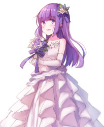 Rule 34 | 1girl, :d, aikatsu!, aikatsu! (series), bare shoulders, blue bow, blush, bouquet, bow, collarbone, dress, elbow gloves, flower, gloves, hair bow, hair flower, hair ornament, highres, hikami sumire, holding, holding bouquet, looking at viewer, makiaato, open mouth, purple flower, simple background, sketch, smile, solo, strapless, strapless dress, white background, white dress, white flower, white gloves