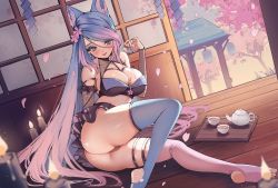 Rule 34 | 1girl, animal ears, ass, beyumi, blue eyes, blue hair, blue thighhighs, blush, breasts, cherry blossoms, closed mouth, cup, feet, fingernails, flower, fox ears, hair flower, hair ornament, large breasts, long hair, multicolored hair, nail polish, pink hair, silvervale, silvervale (4th costume), sitting, solo, stirrup legwear, straight hair, teacup, thick thighs, thighhighs, thighs, toeless legwear, virtual youtuber, vshojo, wooden floor