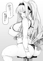 Rule 34 | 1girl, ass, ass grab, bare arms, bare shoulders, blush, breasts, camisole, commentary request, crop top, from behind, furrowed brow, grabbing own ass, greyscale, hair intakes, hairband, highres, huge ass, huge breasts, idolmaster, idolmaster (classic), impossible clothes, long hair, looking at viewer, monochrome, nape, open mouth, paid reward available, plump, ponytail, shijou takane, shirokuma (nankyoku), sideboob, sitting, solo, speech bubble, stool, sweat, thighs, thong, translation request, wristband