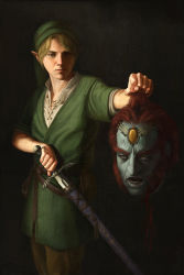 Rule 34 | 1boy, astor alexander, blonde hair, blood, blue eyes, dark, david (the bible), david holding the head of goliath, death, facial hair, fine art parody, forehead jewel, ganondorf, goliath (the bible), hat, highres, holding, link, male focus, master sword, nintendo, parody, pointy ears, pouch, realistic, red hair, severed head, sheath, solo, sword, the legend of zelda, weapon, yellow eyes