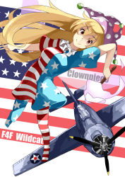 Rule 34 | 1girl, aircraft, airplane, american flag dress, american flag legwear, american flag shirt, blonde hair, clownpiece, deetamu, f4f wildcat, fairy wings, hat, highres, jester cap, long hair, pantyhose, pink eyes, red eyes, smile, solo, striped clothes, striped pantyhose, torch, touhou, very long hair, wings