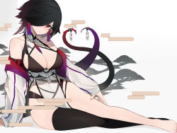 Rule 34 | 1girl, absurdres, arm support, bare legs, bare shoulders, barefoot, black hair, black thighhighs, breasts, cleavage, closed mouth, collarbone, covered navel, detached sleeves, earrings, egasumi, gradient hair, hair over one eye, head tilt, highres, jewelry, large breasts, long sleeves, looking at viewer, multicolored hair, multiple tails, original, pointy ears, reclining, red eyes, red hair, revealing clothes, shiershishisanfen, short hair, single thighhigh, smile, solo, tail, thighhighs, thighs, tree, two tails, underbust