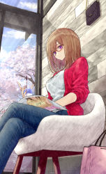 Rule 34 | 1girl, absurdres, aramachi, bob cut, breasts, brown hair, chair, cherry blossoms, cup, denim, disposable cup, glasses, highres, holding, holding cup, indoors, jeans, large breasts, crossed legs, light smile, magazine (object), medium hair, original, pants, purple eyes, sitting, solo, window