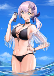 Rule 34 | 1girl, :o, absurdres, alternate hairstyle, aqua eyes, bikini, black bikini, black choker, blue nails, blue sky, bracelet, breasts, can, choker, cloud, day, drink, earrings, energy drink, hair ribbon, hand on own hip, highres, holding, holding can, hololive, hololive indonesia, hoop earrings, jewelry, large breasts, muramasa dash, nail polish, navel, open mouth, outdoors, pavolia reine, pendant choker, pink hair, ribbon, see-through, see-through shirt, sky, solo, stomach, swimsuit, virtual youtuber, wading, water, wet