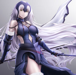 Rule 34 | 1girl, armor, armored dress, armpit peek, armpits, banner, bare shoulders, black armor, black gloves, blue dress, breasts, chain, cleavage, clothing cutout, commentary request, cowboy shot, dress, elbow gloves, elbow pads, fate/grand order, fate (series), faulds, floating hair, fur-trimmed gloves, fur-trimmed legwear, fur trim, gloves, gradient background, grey background, grey hair, headpiece, holding, holding sword, holding weapon, jeanne d&#039;arc (fate), jeanne d&#039;arc alter (avenger) (fate), jeanne d&#039;arc alter (avenger) (third ascension) (fate), jeanne d&#039;arc alter (fate), large breasts, long hair, looking at viewer, matsunaga garana, navel, navel cutout, pale skin, parted lips, smile, solo, standing, sword, thighhighs, thighs, vambraces, very long hair, weapon, wind, yellow eyes