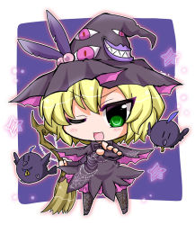 Rule 34 | &gt;;d, 1girl, ;d, bad id, bad pixiv id, bird, blonde hair, broom, chibi, deathsmiles, fingerless gloves, gloves, green eyes, hat, holding, looking at viewer, noai nioshi, one eye closed, open mouth, pointing, pointing at viewer, sakura (deathsmiles), short hair, smile, v-shaped eyebrows, witch hat
