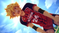 Rule 34 | 1boy, armband, bandaid, bandaid on face, bandaid on nose, black armband, blonde hair, blue sky, cloud, collaboration, dutch angle, furrowed brow, highres, jock studio (blits games), leo mendez (jock studio), looking at viewer, male focus, mikkoukun, non-web source, official art, open mouth, orange eyes, outdoors, red shirt, red shorts, shade, shirt, short hair, short sleeves, shorts, sky, solo, teeth, tongue, upper teeth only, variant set, zamius