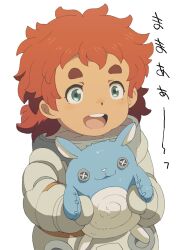 Rule 34 | 1girl, blue eyes, child, doll, female focus, gundam, gundam suisei no majo, highres, holding, holding stuffed toy, looking at viewer, made in abyss, messy hair, red hair, round teeth, short twintails, simple background, solo, spacesuit, stuffed toy, suletta mercury, tareme, teeth, thick eyebrows, twintails, white background, ximu shilang