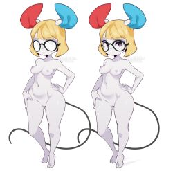 Rule 34 | 1girl, animal crossing, animal ears, blonde hair, breasts, cleft of venus, closed mouth, coffeechicken, eyelashes, eyeshadow, furry, glasses, grey eyes, hand on own hip, highres, looking at viewer, makeup, mouse ears, mouse tail, navel, nintendo, nipples, nude, perky breasts, petri (animal crossing), pussy, see-through, short hair, small breasts, standing, tail, thighs, tiptoes, uncensored, white background, wide hips