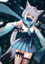 Rule 34 | 1girl, ahoge, animal ear fluff, animal ears, black gloves, blue neckerchief, blue skirt, blurry, blurry background, blush, braid, commentary request, detached sleeves, fishnet thighhighs, fishnets, floral print, fox ears, fox girl, fox tail, gloves, green eyes, green scarf, hair between eyes, highres, holding, holding weapon, hololive, kunai, long hair, looking at viewer, mask, mouth mask, neckerchief, ninja, ninja mask, nootomo, partially fingerless gloves, pentagram, pleated skirt, sailor collar, scarf, shirakami fubuki, shirt, sidelocks, single braid, single thighhigh, skirt, sleeveless, sleeveless shirt, solo, tail, thigh strap, thighhighs, virtual youtuber, weapon, white hair, white shirt, wide sleeves