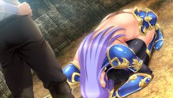 Rule 34 | 1girl, armor, ass, back, blue armor, bowing, breasts, dogeza, feet, floor, from above, game cg, hand on own hip, huracan, kyonyuu onna senshi dogeza saimin, legs, legs apart, long hair, original, outdoors, purple hair, shoulder pads, solo focus, standing, thighhighs, thighs, thong