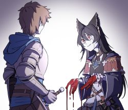 Rule 34 | 1boy, 1girl, animal ears, armor, ascot, bags under eyes, black hair, blood, blood on hands, brown hair, choker, commentary, crying, crying with eyes open, ear piercing, earrings, erune, flower, gran (granblue fantasy), granblue fantasy, highres, holding, holding sword, holding weapon, jewelry, long hair, mefomefo, nier (granblue fantasy), piercing, purple flower, purple rose, red eyes, rose, short hair, sword, tears, weapon