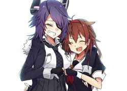 Rule 34 | &gt;:d, 2girls, arm around neck, black serafuku, breast pocket, brown hair, checkered clothes, checkered neckwear, commentary request, eyepatch, closed eyes, fingerless gloves, fur-trimmed jacket, fur trim, gloves, grin, hairband, jacket, kantai collection, long hair, long sleeves, multiple girls, neckerchief, necktie, pocket, purple hair, remodel (kantai collection), sailor collar, school uniform, serafuku, shiratsuyu (kancolle), short hair, simple background, smile, tanishi (tanisi 00), tenryuu (kancolle), upper body, v-shaped eyebrows, whistle, white background