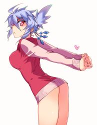 Rule 34 | 1girl, ass, breasts, commentary request, frown, hair ornament, heart, jacket, kusanagi tonbo, large breasts, no pants, original, purple hair, red eyes, shoes, short hair, smile, solo, stretching, thick eyebrows, track jacket