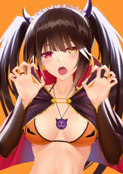 Rule 34 | 1girl, areola slip, bikini, black cape, blush, breasts, breasts apart, bridal gauntlets, brown hair, cape, claw pose, clock eyes, collarbone, commentary request, date a live, emoji, fingernails, frills, halloween, halloween costume, hands up, head tilt, heterochromia, highres, horns, jewelry, lipstick, long hair, looking at viewer, maid headdress, makeup, medium breasts, necklace, open mouth, orange background, orange bikini, red eyes, red lips, simple background, solo, swimsuit, symbol-shaped pupils, teeth, tokisaki kurumi, twintails, upper body, upper teeth only, yellow eyes, z1npool