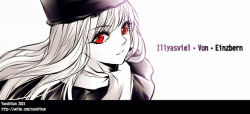 Rule 34 | 1girl, artist name, character name, fate/stay night, fate (series), greyscale, hat, illyasviel von einzbern, monochrome, red eyes, scarf, solo, spot color, watermark, web address, yaoshi jun