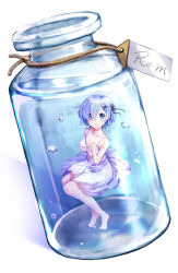 Rule 34 | 10s, 1girl, 2016, air bubble, artist name, barefoot, blue eyes, blue hair, bottle, bubble, collarbone, dress, artistic error, full body, hair over one eye, hair tie, highres, in bottle, in container, looking at viewer, matching hair/eyes, mini person, minigirl, parted bangs, parted lips, re:zero kara hajimeru isekai seikatsu, rem (re:zero), shadow, short hair, solo, underwater, white dress, yuitsuki1206