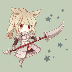 Rule 34 | &gt;:o, 10s, 1girl, :o, animal ears, armor, bad id, bad pixiv id, black thighhighs, blonde hair, blush, brown eyes, chibi, full body, gauntlets, grey background, high ponytail, holding, holding weapon, kemono friends, konno (pixiv 23416142), leg up, long hair, long sleeves, looking at viewer, no nose, panties, pantyshot, polearm, ponytail, red panties, rhinoceros ears, sidelocks, solo, standing, standing on one leg, star (symbol), starry background, swept bangs, thighhighs, triangle mouth, tsurime, underwear, v-shaped eyebrows, weapon, white rhinoceros (kemono friends)