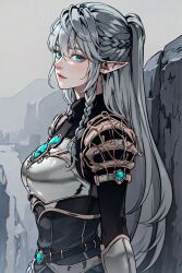 Rule 34 | 1girl, armor, black shirt, black sleeves, blue eyes, blush, ears through headwear, gloves, long hair, long sleeves, looking back, looking to the side, mountain, open mouth, shirt, sky, solo, tessia eralith, the beginning after the end, very long hair, white gloves