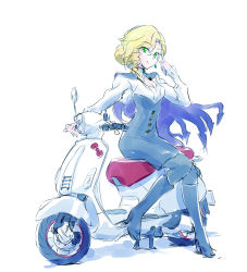 Rule 34 | 1girl, blonde hair, cape, earrings, full body, glasses, glynda goodwitch, green eyes, highres, iesupa, jewelry, motor vehicle, necklace, pantyhose, rwby, scooter, sitting, smile, solo, vehicle