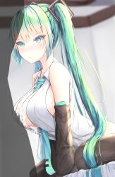 Rule 34 | 1boy, 1girl, :&lt;, absurdres, between breasts, blush, breasts, clothed sex, cum, cum on body, cum on breasts, cum on upper body, detached sleeves, green eyes, green hair, handsfree paizuri, hatsune miku, hetero, highres, indoors, kiseno, large breasts, long hair, necktie, necktie between breasts, paizuri, penis, perpendicular paizuri, sitting, twintails, very long hair, vocaloid, wariza