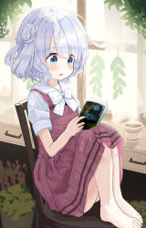 Rule 34 | 1girl, :o, barefoot, blue eyes, blush, bow, brown dress, chair, child, collared shirt, commentary request, cup, double bun, dress, hair between eyes, hair bun, highres, holding, knees up, looking away, mimikaki (men bow), on chair, original, parted lips, pinafore dress, pleated dress, reading, shirt, short sleeves, silver hair, sitting, sleeveless, sleeveless dress, solo, steam, two side up, white bow, white shirt, window