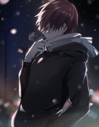Rule 34 | 1boy, black shirt, blurry, blurry background, boku no hero academia, burn scar, commentary request, depth of field, from side, grey scarf, hand up, highres, lamppost, long sleeves, male focus, miyanami 3, night, night sky, outdoors, profile, red hair, scar, scarf, shirt, sky, snowing, solo, todoroki shouto, upper body, white hair