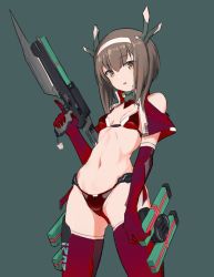 Rule 34 | 1girl, bikini, bow (weapon), breasts, brown eyes, brown hair, cowboy shot, crossbow, elbow gloves, fake horns, gloves, grey background, headgear, highres, horned headwear, horns, kantai collection, red bikini, red gloves, red thighhighs, simple background, small breasts, solo, standing, swimsuit, taihou (kancolle), thighhighs, tsukira (amayadori), weapon