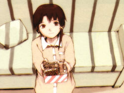 Rule 34 | 1990s (style), 1girl, abe yoshitoshi, box, brown eyes, brown hair, couch, from above, hair ornament, hairclip, holding, holding box, iwakura lain, looking up, official art, serial experiments lain, solo