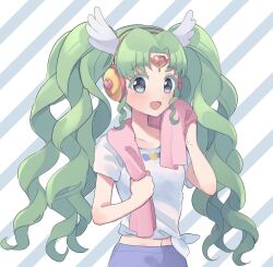 Rule 34 | 1girl, :d, bad id, bad twitter id, colored eyelashes, commentary request, falulu, falulu (awakened), forehead jewel, green hair, grey eyes, headphones, holding, holding towel, inactive account, long hair, looking at viewer, midriff, open mouth, parted bangs, pretty series, pripara, shirt, shiyurinpu, short sleeves, side-tie shirt, sidelocks, smile, solo, standing, sweat, towel, towel around neck, twintails, white shirt, wing hair ornament, wiping sweat