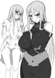 Rule 34 | 00s, 1girl, bare shoulders, blush, breast hold, breasts, clothes lift, crossed arms, detached sleeves, dress, dual persona, female focus, highres, huge breasts, legs, long hair, lowleg, lowleg panties, military, military uniform, monochrome, multiple views, open clothes, open shirt, panties, pantyshot, selvaria bles, senjou no valkyria, senjou no valkyria (series), senjou no valkyria 1, shichimenchou, shirt, shirt lift, standing, thighs, underwear, uniform