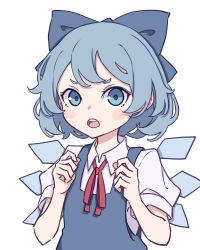 Rule 34 | 1girl, blue bow, blue dress, blue eyes, blue hair, blush stickers, bow, cirno, collared shirt, dress, hair bow, highres, kame (kamepan44231), one-hour drawing challenge, open mouth, puffy short sleeves, puffy sleeves, shirt, short hair, short sleeves, simple background, solo, teeth, touhou, upper body, upper teeth only, white background, white shirt