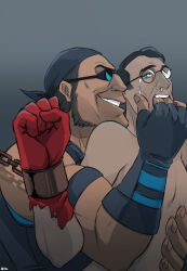 Rule 34 | 2boys, blue eyes, cuffs, finger in another&#039;s mouth, fingerless gloves, glasses, gloves, medic (tf2), multiple boys, muscular, mutton chops, nude, saliva, smile, team fortress 2, yaoi