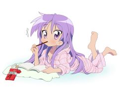 Rule 34 | 00s, 1girl, ^^^, alternate hairstyle, barefoot, book, brand name imitation, collarbone, eating, feet, food, hair down, hiiragi kagami, long hair, lucky star, lying, md5 mismatch, on stomach, pajamas, pillow, pocky, purple eyes, purple hair, resolution mismatch, solo, source larger, surprised, sweatdrop, tsurime, tyke