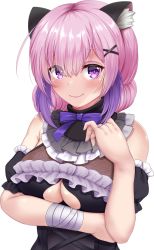 Rule 34 | 1girl, animal ear fluff, animal ears, arm under breasts, black dress, blush, bow, breast rest, breasts, busou kanojo, cat ears, closed mouth, dress, eyeshadow, frills, fujisaki touka, hair ornament, highres, large breasts, looking at viewer, makeup, medium hair, multicolored hair, purple bow, purple eyes, purple eyeshadow, purple hair, shiny skin, simple background, smile, solo, strelka belca, two-tone hair, underboob, upper body, virtual youtuber, white background, x hair ornament