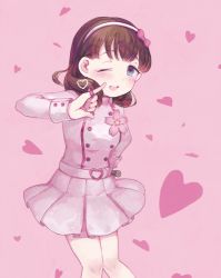Rule 34 | 1girl, belt, belt buckle, blue eyes, blush, bow, brown hair, buckle, commentary request, corsage, feet out of frame, finger ribbon, flower, hair bow, hairband, heart, heart belt, idolmaster, idolmaster cinderella girls, jacket, kira! mankai smile, one eye closed, open mouth, pink background, pink hairband, pink jacket, pink skirt, pinky out, pleated skirt, ribbon, sakuma mayu, sasasasa, simple background, skirt, smile, solo