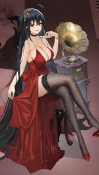 Rule 34 | 1girl, alcohol, azur lane, black cat, black hair, black thighhighs, breasts, cat, champagne, champagne flute, cleavage, cocktail dress, crossed legs, cup, dress, drinking glass, fate (series), garter straps, high heels, highres, jeanne d&#039;arc (fate), jeanne d&#039;arc alter (fate), jeanne d&#039;arc alter (ver. shinjuku 1999) (fate), large breasts, long hair, marisasu (marisa0904), official alternate costume, phonograph, red dress, red eyes, shoes, side ponytail, sitting, smile, spilling, stool, taihou (azur lane), taihou (forbidden feast) (azur lane), thighhighs, very long hair