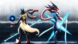 Rule 34 | ash-greninja, back-to-back, blue eyes, creatures (company), crossed arms, game freak, gen 4 pokemon, gen 6 pokemon, greninja, highres, jcstr, lucario, mega lucario, mega pokemon, nintendo, no humans, pokemon, pokemon (anime), pokemon (creature), pokemon journeys, red eyes, shuriken, spikes, standing, sword, tongue, trait connection, weapon
