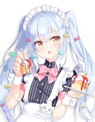 Rule 34 | 1boy, :o, absurdres, apron, blue hair, blush, bow, bowtie, dog tail, fang, frilled apron, frills, highres, inuyama tamaki, long hair, maid headdress, male focus, noripro, pink bow, pink bowtie, pinstripe pattern, pinstripe shirt, shirt, short sleeves, skin fang, striped, surprised, tail, trap, triangle mouth, twintails, virtual youtuber, waist apron, waitress, watson (achromatist ), white apron, yellow eyes