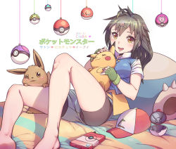 Rule 34 | 1girl, ash ketchum, ash ketchum (cosplay), barefoot, black hair, blush, breasts, brown eyes, cloba (daeniel811015), cosplay, creatures (company), eevee, fingerless gloves, game freak, gen 1 pokemon, gloves, great ball, hair ornament, hairclip, legs, long hair, lying, master ball, medium breasts, nintendo, on back, open poke ball, pikachu, poke ball, poke ball (basic), pokedex, pokemon, pokemon (anime), pokemon (classic anime), shorts, smile, snorlax, voltorb, white background