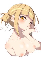 Rule 34 | 1girl, absurdres, blonde hair, blunt bangs, blush, boku no hero academia, breasts, chestnut mouth, cleavage, collarbone, cropped torso, double bun, hair bun, hand on own face, hand up, highres, looking ahead, medium breasts, nipples, open mouth, puffy nipples, rasusurasu, short hair with long locks, sidelocks, simple background, solo, toga himiko, upper body, white background, yellow eyes