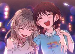Rule 34 | 2girls, arm around neck, blue shirt, brown hair, closed eyes, collared shirt, commentary request, girls band cry, grey shirt, hand on another&#039;s wrist, iseri nina, kawaragi momoka, multicolored hair, multiple girls, night, off-shoulder shirt, off shoulder, open mouth, outdoors, roots (hair), roudo (idolnoatm), shirt, short twintails, smile, twintails, upper body, white shirt