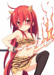 Rule 34 | &gt;:(, 1girl, alastor (shakugan no shana), animal print, bandeau, bare shoulders, black thighhighs, blush, fire, frown, hair between eyes, horns, jewelry, kotsu, long hair, looking at viewer, navel, necklace, red eyes, red hair, shakugan no shana, shana, simple background, solo, sweat, sword, thighhighs, tiger print, v-shaped eyebrows, very long hair, wavy mouth, weapon, white background
