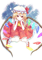 Rule 34 | 1girl, absurdres, ascot, blonde hair, bobby socks, closed mouth, collared shirt, crystal, flandre scarlet, frilled shirt collar, frilled skirt, frills, frown, full body, glowing, glowing wings, hair between eyes, hands on own cheeks, hands on own face, hat, hat ribbon, highres, long hair, mary janes, mob cap, multicolored wings, one side up, puffy short sleeves, puffy sleeves, red eyes, red footwear, red ribbon, red skirt, red vest, ribbon, ribbon-trimmed headwear, ribbon trim, rnkgmn, shirt, shoes, short sleeves, simple background, skirt, socks, solo, star (symbol), touhou, vest, white hat, white shirt, white socks, wings, yellow ascot