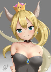 Rule 34 | 1girl, absurdres, arm behind back, arm grab, armlet, artist name, bare shoulders, black dress, blonde hair, blue eyes, blush, bowsette, breasts, brooch, cleavage, closed mouth, collar, collarbone, commentary, dress, earrings, gem, gradient background, grey background, head tilt, highres, horns, jewelry, light blush, long hair, looking at viewer, mario (series), medium breasts, new super mario bros. u deluxe, nintendo, pointy ears, qianxiaolin, signature, smile, solo, spiked armlet, spiked collar, spiked tail, spikes, strapless, strapless dress, super crown, tail, upper body